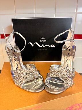 Nina Silver Crystal Floral Ankle-Strap Heels